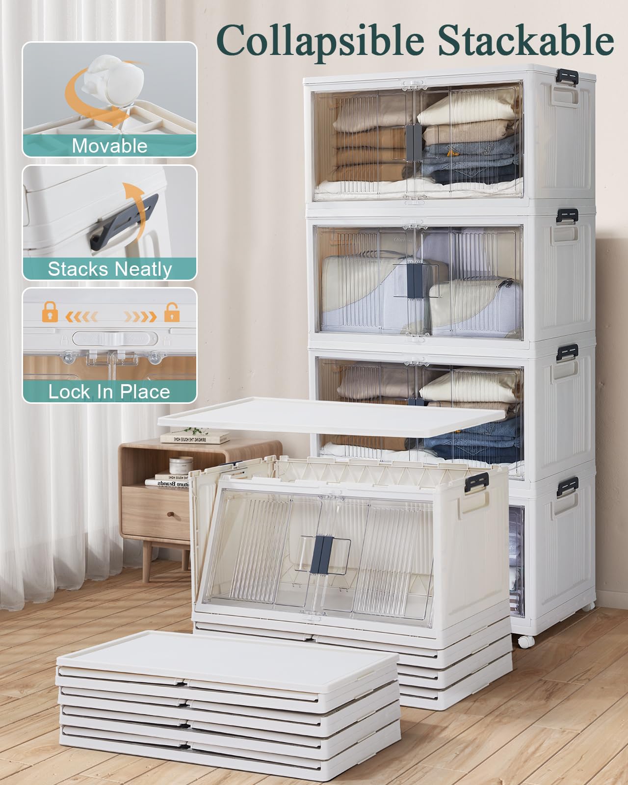 OlarHike 97QT Stackable Storage Bins with Lids - Folding Storage Box with Doors and Wheels, Collapsible Plastic Storage Drawers for Closets and Organization, Garage, Office, Cabinet, 4 Pack Cubes