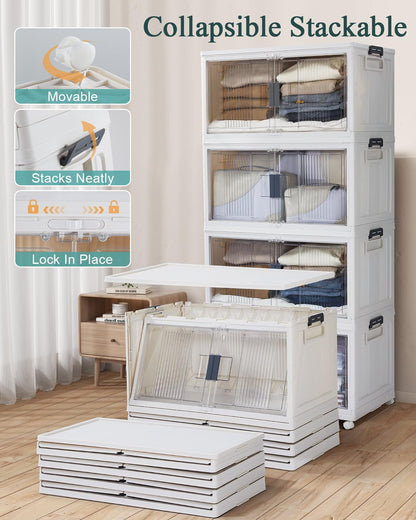 OlarHike 97QT Stackable Storage Bins with Lids - Folding Storage Box with Doors and Wheels, Collapsible Plastic Storage Drawers for Closets and Organization, Garage, Office, Cabinet, 4 Pack Cubes