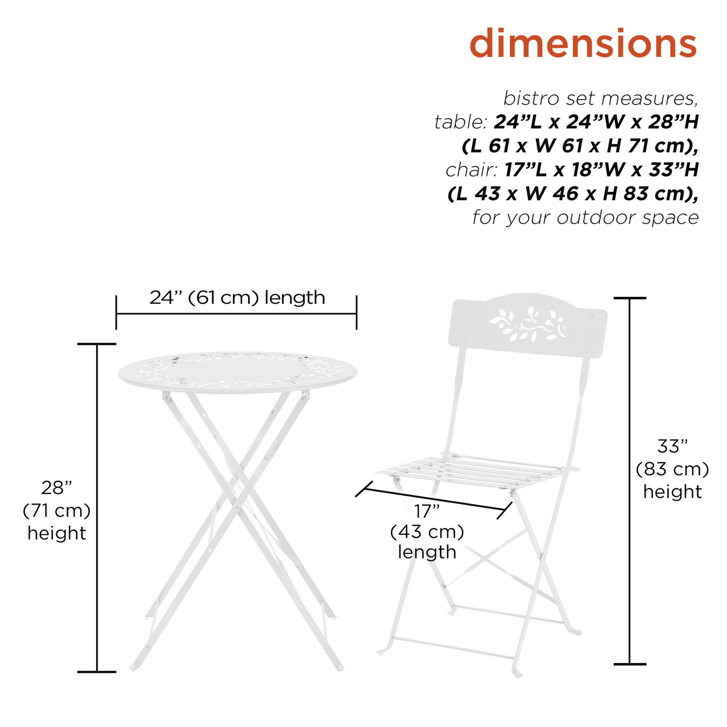 Alpine Corporation Indoor/Outdoor 3-Piece Bistro Set Folding Table and Chairs Patio Seating, White