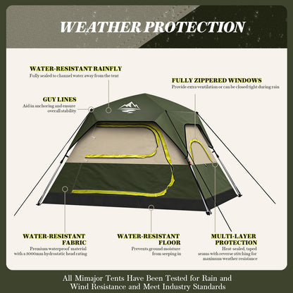 4 Person Instant Camping Tent - Waterproof Pop Up Tents for Camping with Rainfly, Large Family Tent with Pre-Attached Poles, 60S Easy Setup, Upgraded Ventilation with Welcome Mat