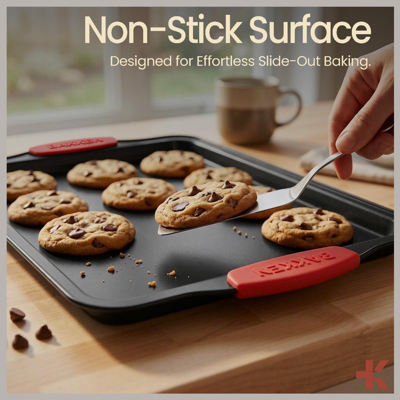 Baking Pan Set – 3 Piece Cookie Sheet – Deluxe Black Non-Stick Carbon Steel – Silicone Handles – Commercial Grade Restaurant Quality – PFOA PFOS and PTFE Free by Bakken