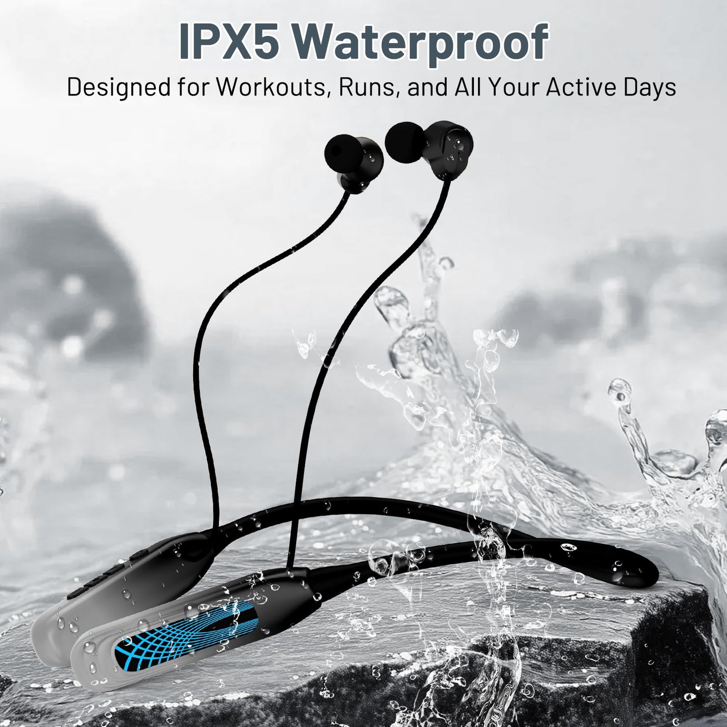 Podity Neckband Bluetooth Headphones, 1000H Extra Battery Life with Display Magnetic Earphones,Wireless Stereo Earbuds with Microphone, Waterproof in-Ear Headset for Sports/Workout/Office (Silver)