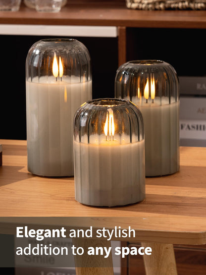 luzzup Glass Ribbed Flameless Candles - Battery Candles with Remote Timer, Green Glass LED Candles with Pumpkin Shape, Warm Light, Lasting 350 Hrs and Brightness Adjustment, Φ 3" H 4" 5" 6", Set of 3