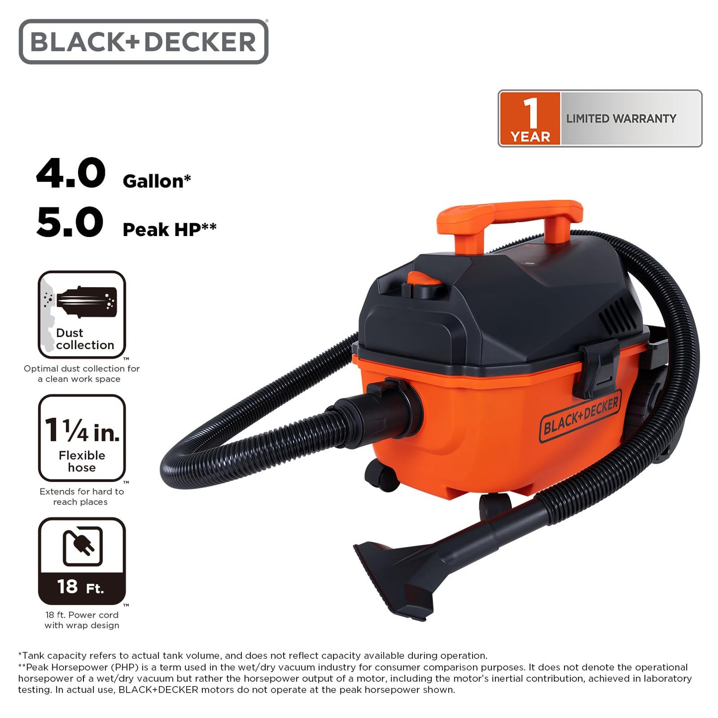 BLACK+DECKER Shop Vacuum Wet and Dry, 4 Gallon 5.0 Peak HP Wet/Dry Vacuum, Quiet Operation with Muffler, Long Reach Cleaning Range & On-Board Storage, Complete Accessory Set, BDXV18905P-4