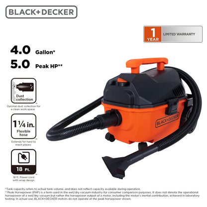 BLACK+DECKER Shop Vacuum Wet and Dry, 4 Gallon 5.0 Peak HP Wet/Dry Vacuum, Quiet Operation with Muffler, Long Reach Cleaning Range & On-Board Storage, Complete Accessory Set, BDXV18905P-4
