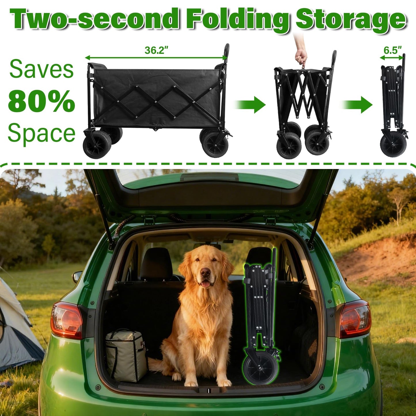 Folding Wagon Cart with All-Terrain Wheels – Heavy Duty Collapsible Utility Wagon for Grocery, Sports, Garden, Camping, Shopping (Black 600LBS)
