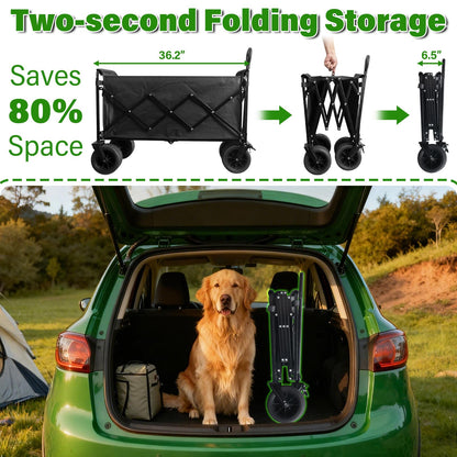 Folding Wagon Cart with All-Terrain Wheels – Heavy Duty Collapsible Utility Wagon for Grocery, Sports, Garden, Camping, Shopping (Black 600LBS)