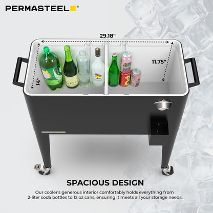 Permasteel Party Cooler with Divider, Spacious 80-Qt Capacity, Chills 36hrs, Serving Tray, Rolling Ice Chest for Indoor and Outdoor Entertainment, Matte Black