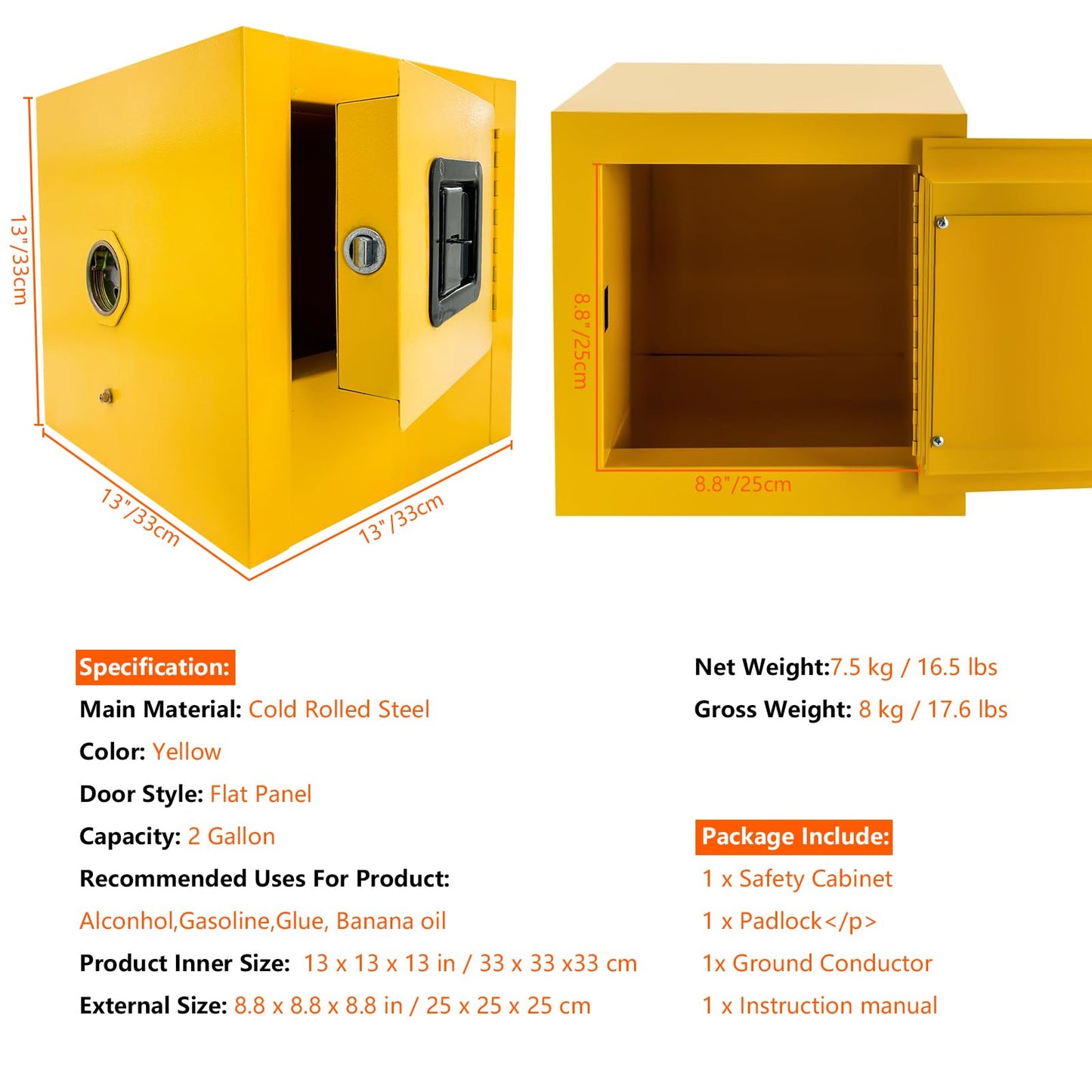 Qrooviiy Flammable Safety Cabinet,13"x13"x13" Safety Storage Cabinet,Flammable Cabinet Galvanized Steel Explosion Proof,Flammable Welded Bin Fireproof for Industrial Use - 2Ga
