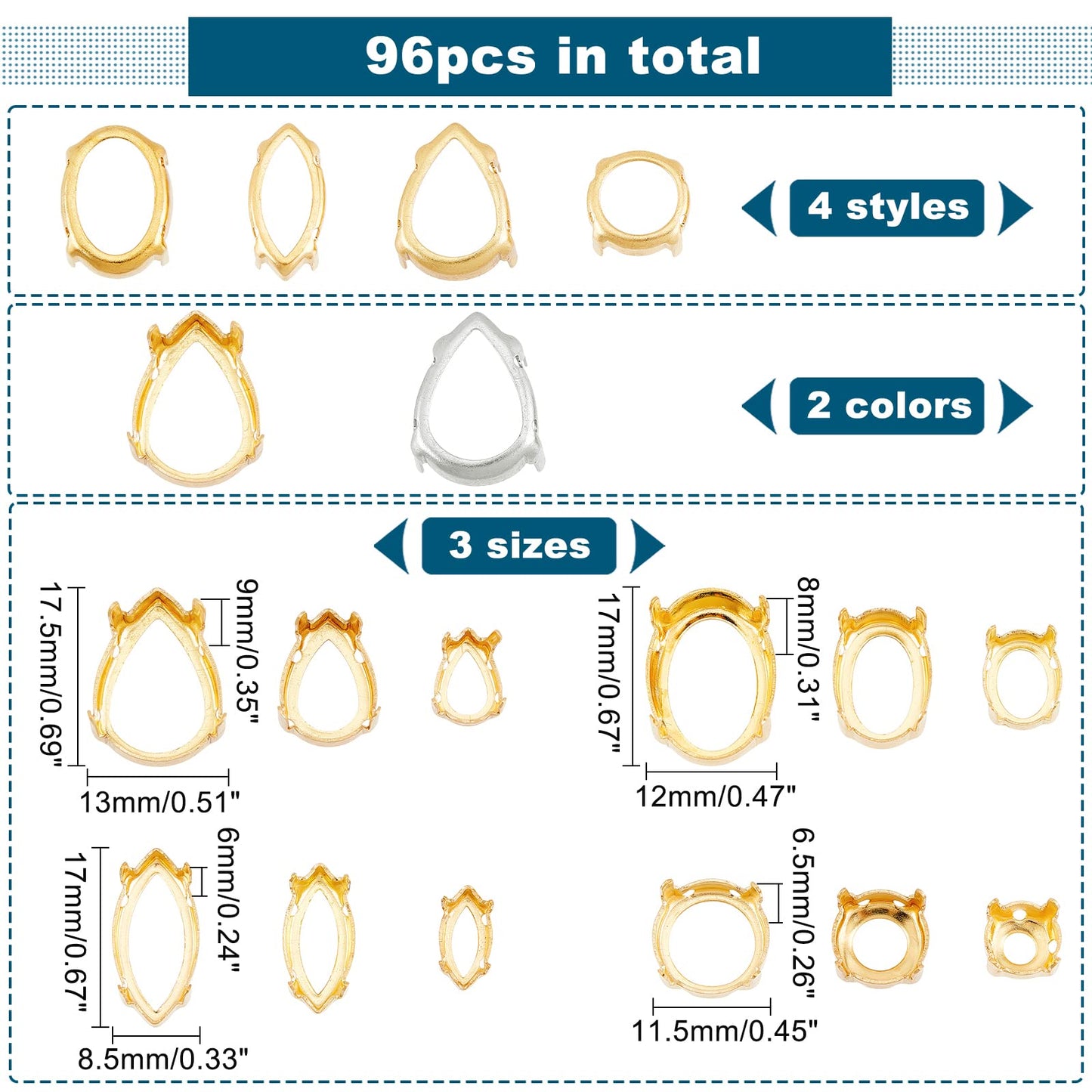 CHGCRAFT 96Pcs 24 Styles Brass Rhinestone Claw Settings Teardrop Horse Eye Oval Round Hollow Sew on Prong Setting for Rhinestone Gemstone Cabochon Resin Jewelry Making