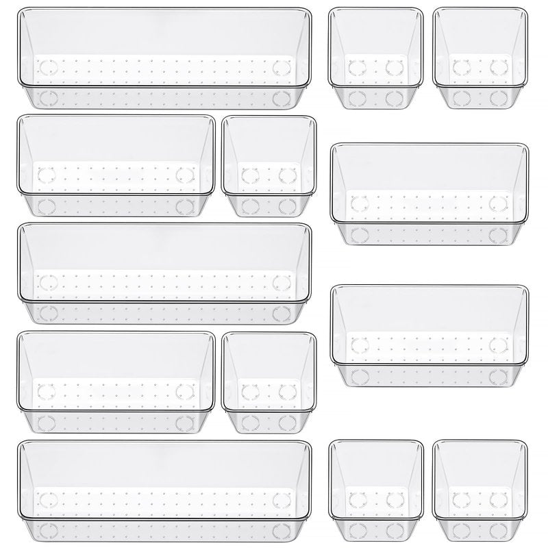 12 Piece Clear Drawer Organizer Set, 3 Sizes Bathroom Vanity Organizer Trays and Storage Bins for Makeup, Cosmetics, Jewelry, and Gadgets. Perfect for Office, Kitchen, Bedroom, Bathroom Use.