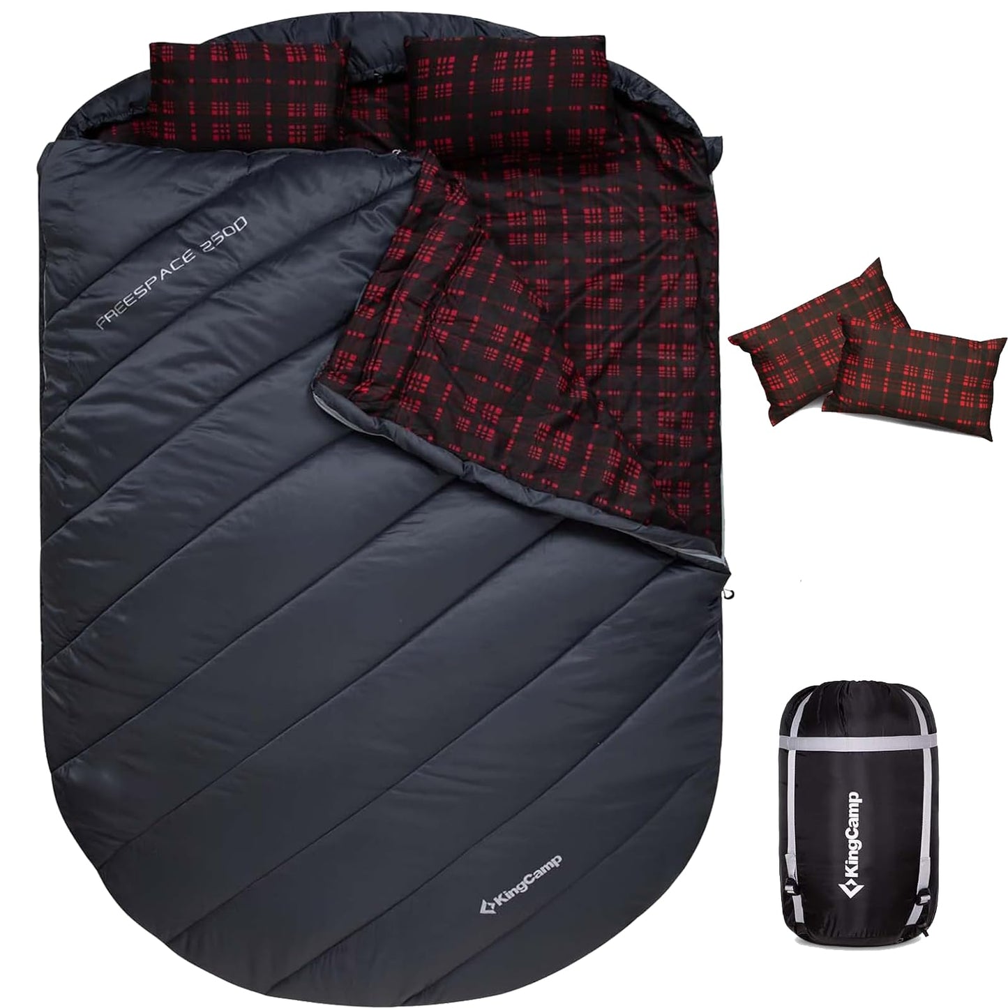 KingCamp Double Sleeping Bag for Adults, Queen Size 2 Person XXL Flannel Sleeping Bag, Lightweight Waterproof with 2 Pillows & Compression Sack for Couples & Family Camping Hiking, Grey