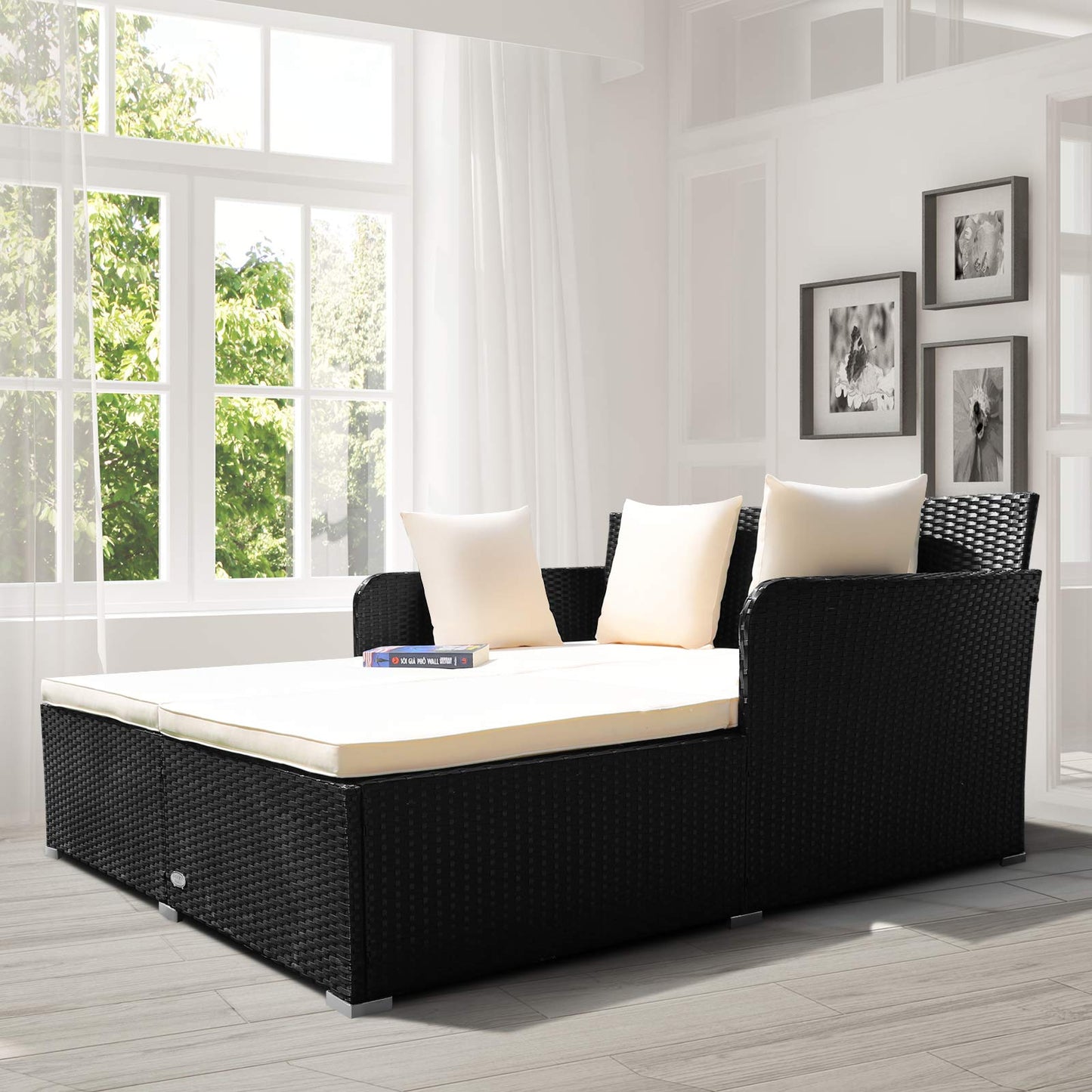 COSTWAY Outdoor Patio Rattan Daybed, Sponge Cushioned Loveseat Sofa with 4 Pillows, Wicker Furniture Sunbed for Balcony, Courtyard (Beige)