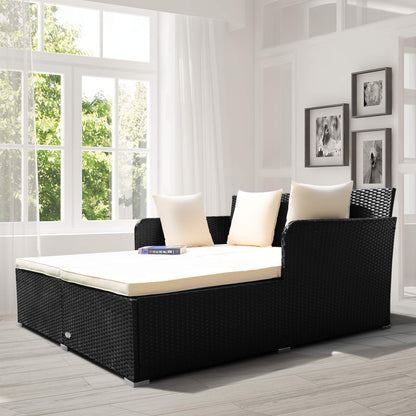 COSTWAY Outdoor Patio Rattan Daybed, Sponge Cushioned Loveseat Sofa with 4 Pillows, Wicker Furniture Sunbed for Balcony, Courtyard (Beige)
