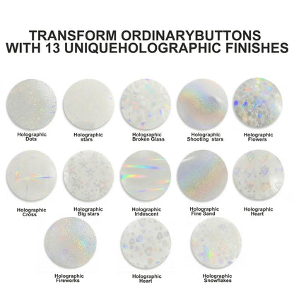 DAWZMR 390 Pcs Holographic Badge Film (13 Styles), Glitter Button Making Supplies for 2.25 Inch 58mm Machine, Round Badge Protective Film (Stars, Hearts, Broken Glass)