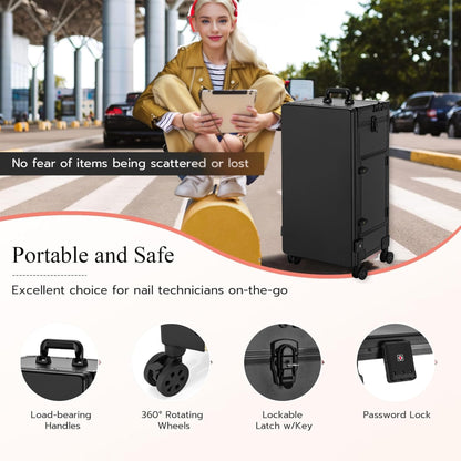 Gdsshuhung Portable Nail Desk with LED Mirror, Heavy Duty Foldable Manicure Table with 3 Drawers, Rolling Makeup Train Case Cosmetology Trolley on Wheels, Mobile Nail Tech Workstation (Black)