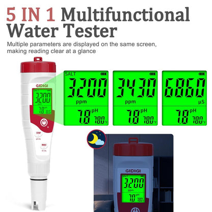 GIDIGI Pool Salt Tester pH Meter New Update Digital pH Tester Salinity Meter with Multiple Parameters Display for Pool Water Quality TDS EC Salt Meter for Saltwater Hot Tub&Spa Inground Pool Aquarium
