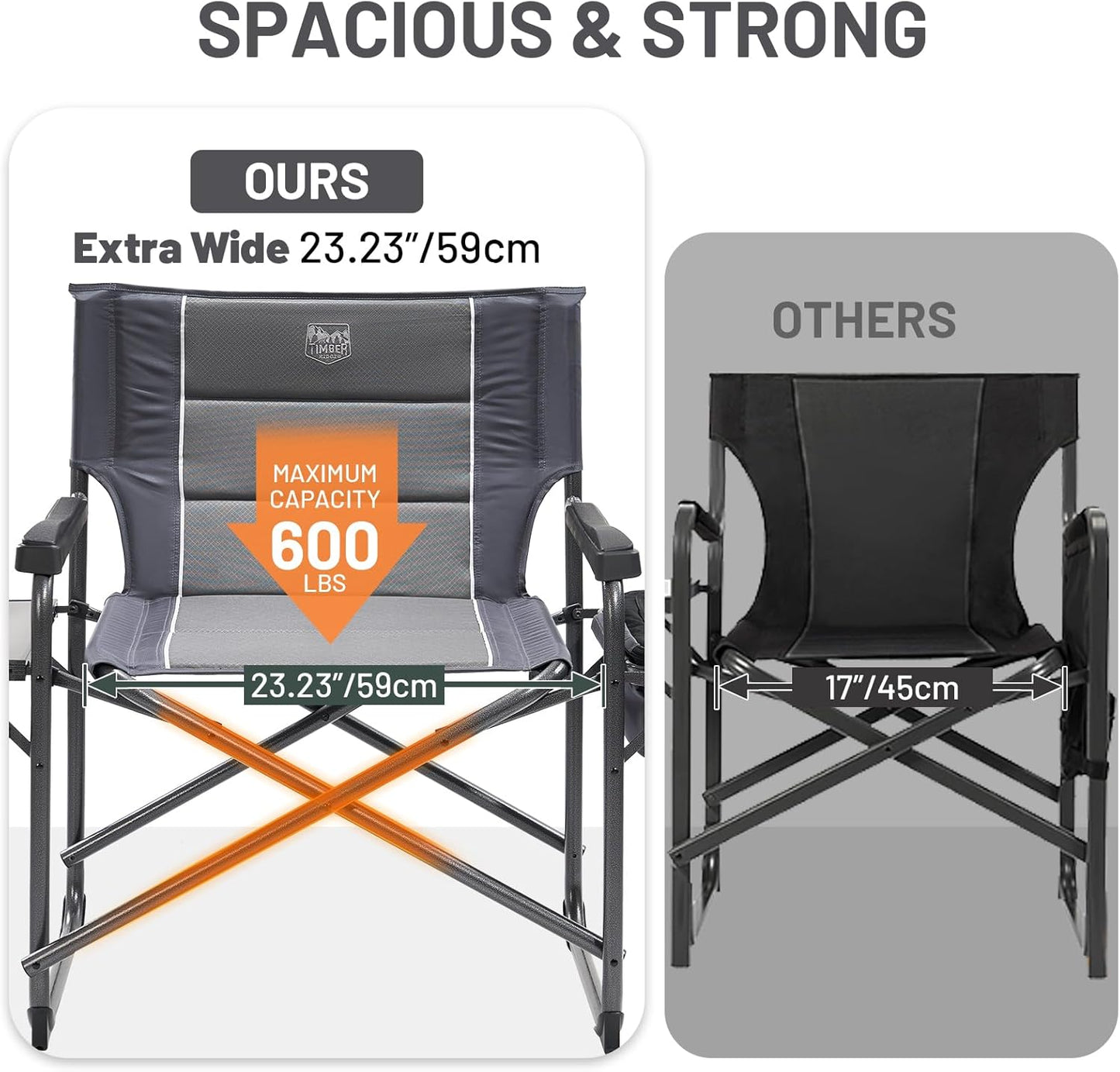 Timber Ridge XXL Oversized Directors Chair - Heavy Duty 600lbs Camping Chair with Cooler Bag & Table | Portable Grey Folding Chair for Tailgating & Outdoor Use