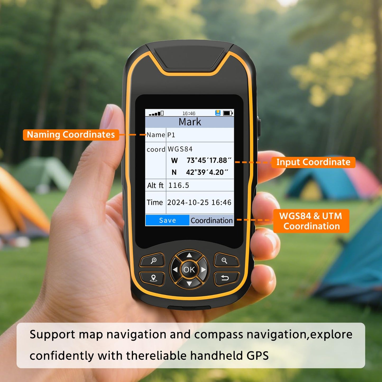 Handheld GPS for Hiking, Rugged and Waterproof Handheld GPS Navigator, 3.2" Sunlight Readable Screen, Compact Satellite Handheld GPS with USA Topo Map, Multi-GNSS Support, Extra Battery Life