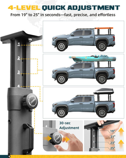 TRUMGETA Truck Bed Rack Fit for Tacoma Gladiator Mid Size Pickups Compatible with Tonneau Cover w/T-Slot Rails, Adjustable 19"-25" Aluminum Truck Ladder Rack Fits Lumber Pipes Kayak