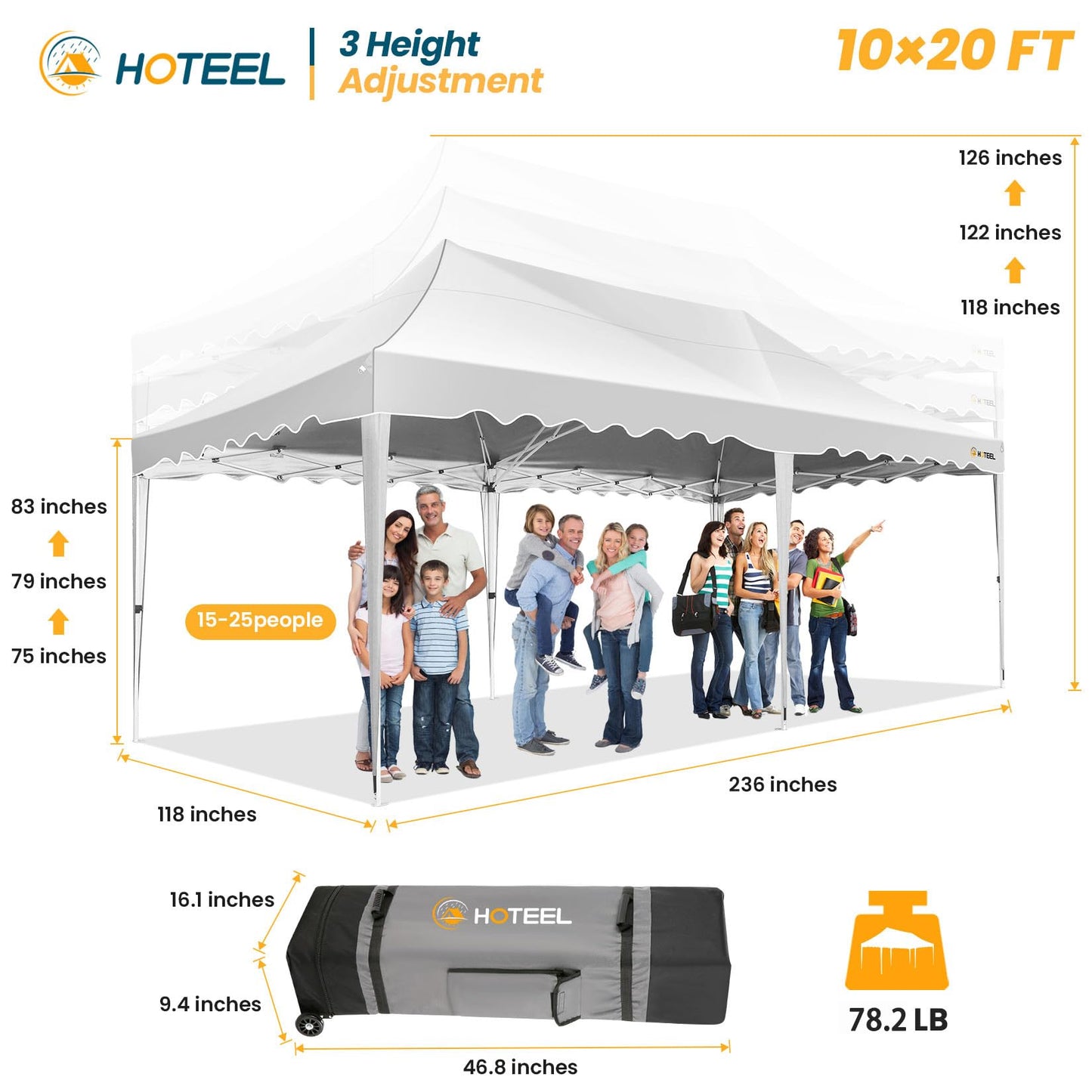 HOTEEL 10x20 Pop up Canopy Tent with 6 Removable Sidewalls, Wave Hem Roof 10x20 Canopy with Wheel Bag and 4 Sandbag, Commercial Pop up Tent Waterproof Sunshade for Market Wedding Party Stall (White)