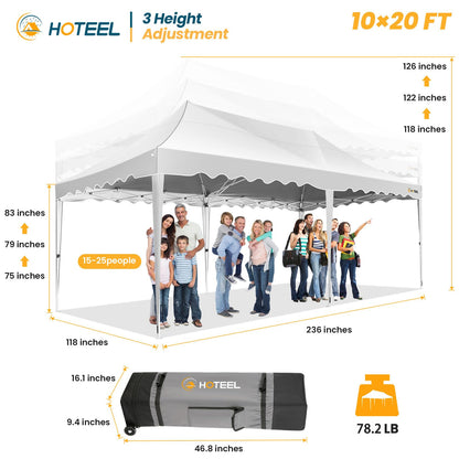 HOTEEL 10x20 Pop up Canopy Tent with 6 Removable Sidewalls, Wave Hem Roof 10x20 Canopy with Wheel Bag and 4 Sandbag, Commercial Pop up Tent Waterproof Sunshade for Market Wedding Party Stall (White)