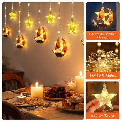Lewondr Ramadan Curtain String Lights, 138 LED Moon Star Fairy Lights with 6H Timer, 8 Modes, Remote Control, USB Powered Curtain String Light, Eid Mubarak Decorations for Ramadan Home Decorations