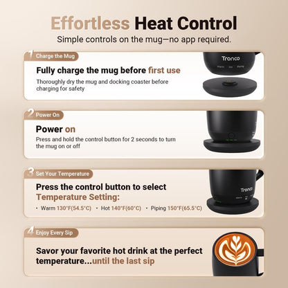 Tronco Temperature Control Heated Coffee Mug 14 oz – Rechargeable Self-Heating Coffee Cup with Lid – Manual Control, 3 Modes, 130 Min Battery Life, Auto Shut-Off (Rose)