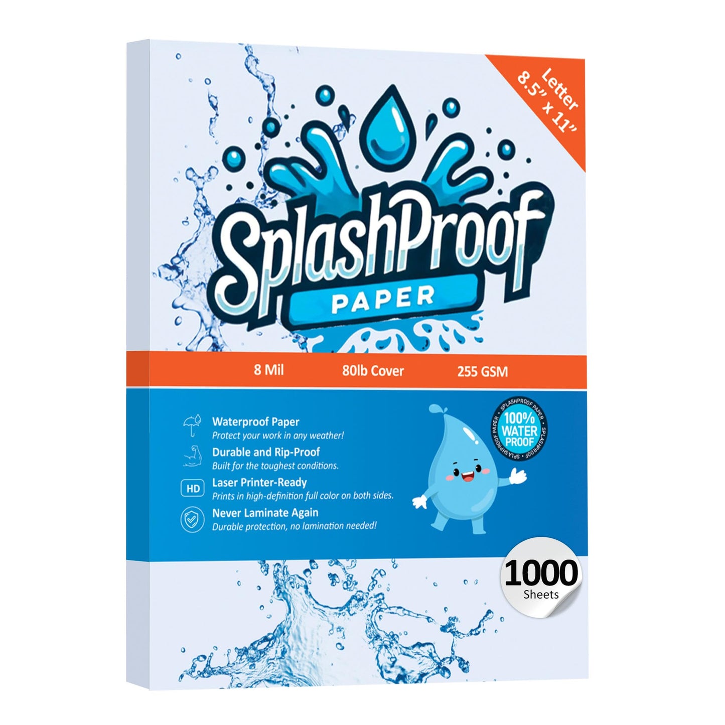 SplashProof Printer Paper - 8.5" x 11", 8 Mil Waterproof Paper, Laser Printer & Copy Machine Compatible (Letter - 8.5" x 11", 1,000 Sheets)