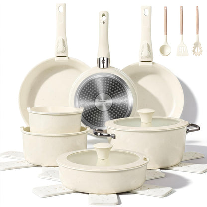 Ammeloo 24-Piece Ceramic Pots and Pans Set Non Stick, Ceramic Cookware Set with Removable Handles, Space Saving, Induction & Oven & Dishwasher Safe, For Small Kitchen, Apartment, RV, Cream White