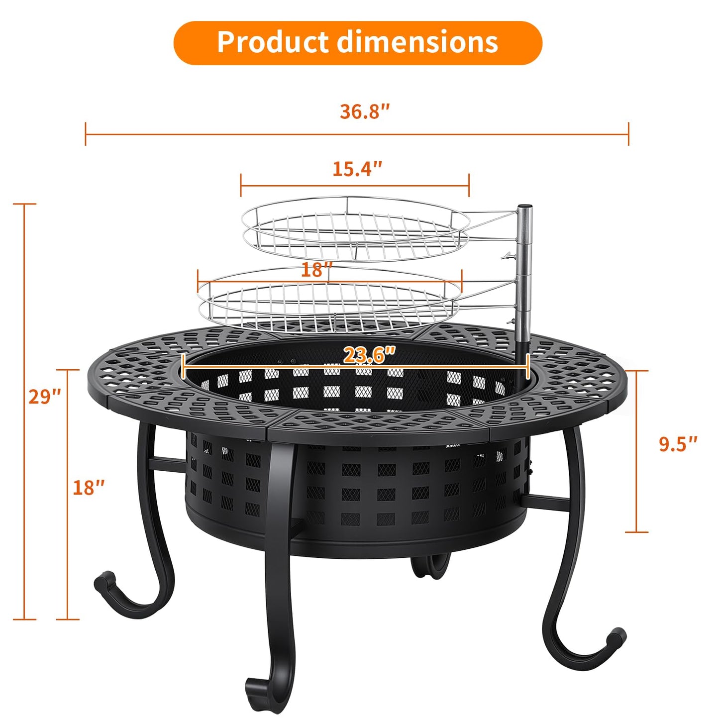 FDW 36 Inch Fire Pit with 2 Adjustable Grills, Wood Burning Outdoor Fire Pit with Lid, Poker & Waterproof Cover, 3-in-1 Fire Pit Table for BBQ, Bonfire & Patio Dining