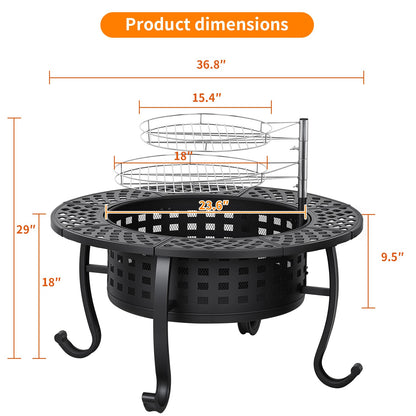 FDW 36 Inch Fire Pit with 2 Adjustable Grills, Wood Burning Outdoor Fire Pit with Lid, Poker & Waterproof Cover, 3-in-1 Fire Pit Table for BBQ, Bonfire & Patio Dining