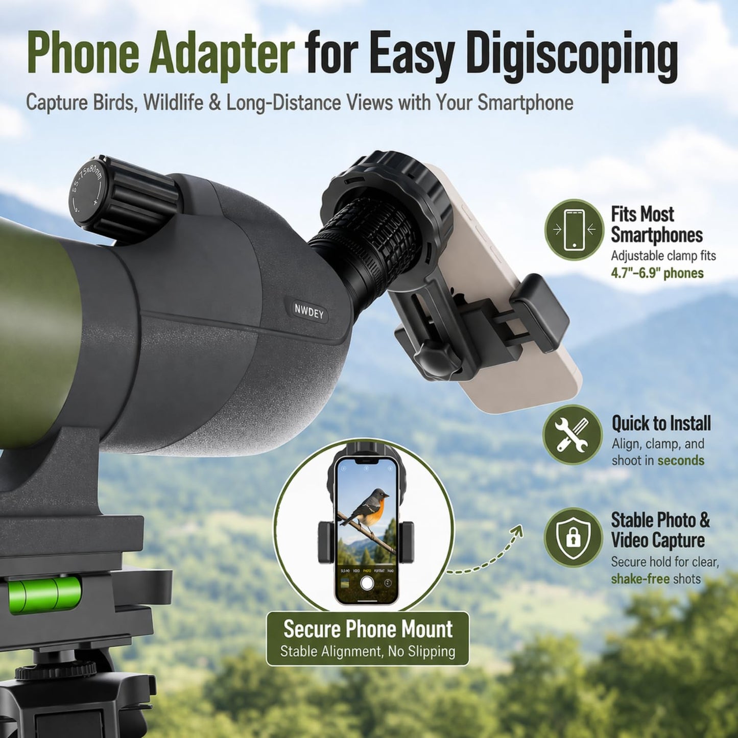 NWDEY Spotting Scope 25-75x80, BAK4 Prism FMC Optics, Waterproof Spotting Scope with Upgraded Tripod, Phone Adapter and Carrying Case for Bird Watching, Target Shooting, Wildlife Viewing