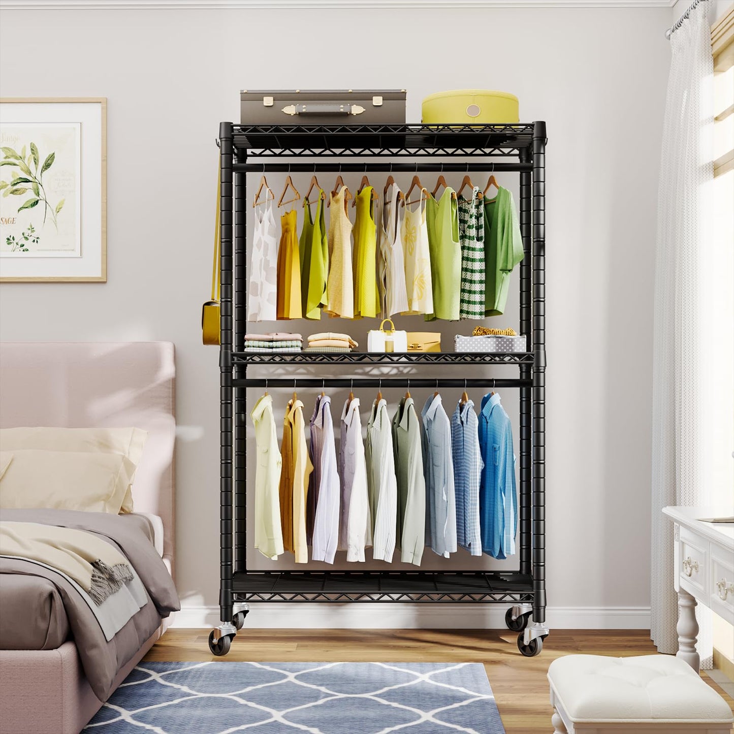 FUTASSI P3 Rolling Clothes Rack, Clothing Racks for Hanging Clothes, Heavy Duty Garment Rack with Wheels, Freestanding Portable Closet Racks 39.4'' W x 14'' D x 78.5'' H, Max Load 470 LBS, Black