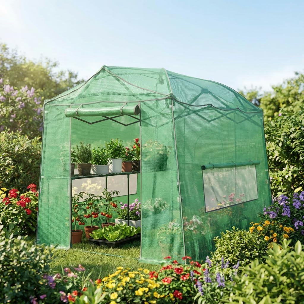 8.5 x 7 ft Pop-up Greenhouse, Walk-in Green House for Indoor Outdoor, Plant Garden Green House with Zippered Doors, Screen Windows, Heavy Duty Frame and Weather-Resistant Durable PE Cover