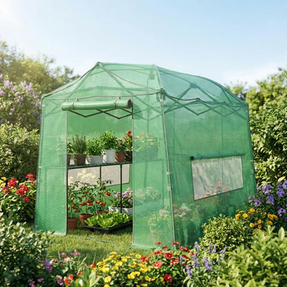 8.5 x 7 ft Pop-up Greenhouse, Walk-in Green House for Indoor Outdoor, Plant Garden Green House with Zippered Doors, Screen Windows, Heavy Duty Frame and Weather-Resistant Durable PE Cover