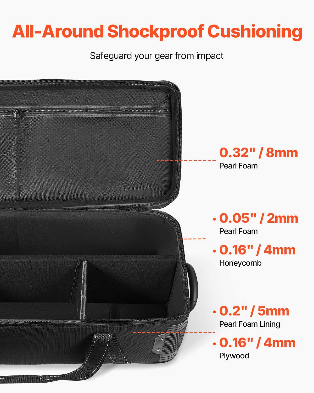 VEVOR Studio Equipment Trolley Case, 35.83 x 11.81 x 14 in / 91 x 30 x 35.5 cm, Rolling Camera Bag, Carrying Bag with Wheels Straps Padded Compartment Handle, for Light Stands, Tripods, Telescopes