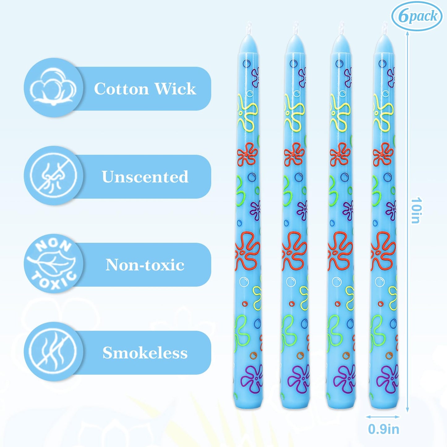 JarThenaAMCS 6Pcs Sponge Birthday Party Taper Candles 10 Inch Decorative Candles Long Unscented Candle Sticks for Sponge Fans Party Decor
