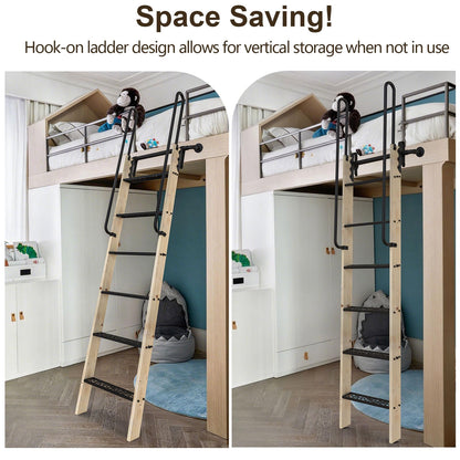 LKCBITION 72inch Knotty Pine Wood Library Ladder with Black Metal Step and Handle, Includes 24inch Rustic Black Wall Mount Pipe Railing with Hooks(Suitable Installation Height 70-5/8")
