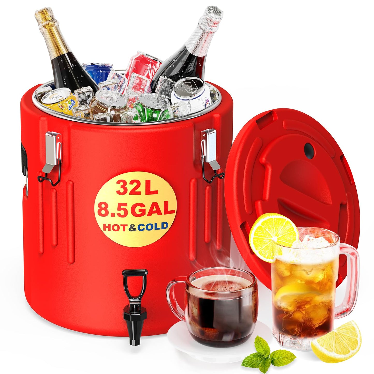 Insulated Beverage Dispenser 8.5 Gallon - Ice and Hot Drink Dispenser with 304 Stainless Steel Interior and Spout, Portable Hot Water Dispenser, Outdoors Cooler Jug for Camping Party Sports