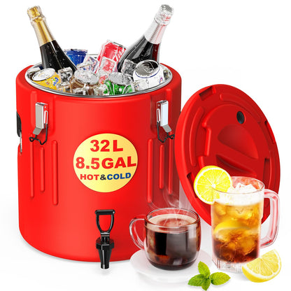Insulated Beverage Dispenser 8.5 Gallon - Ice and Hot Drink Dispenser with 304 Stainless Steel Interior and Spout, Portable Hot Water Dispenser, Outdoors Cooler Jug for Camping Party Sports