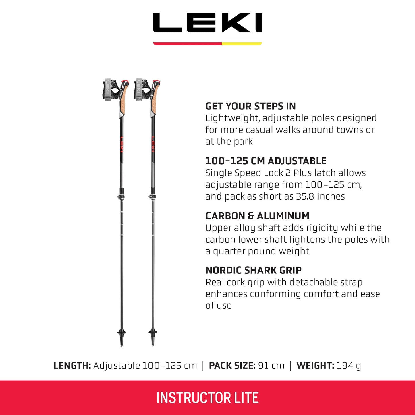 LEKI Instructor Lite Aluminum Adjustable Lightweight Trekking Poles for Hiking & Nordic Walking - Black-Gray-Yellow - 100-125 cm