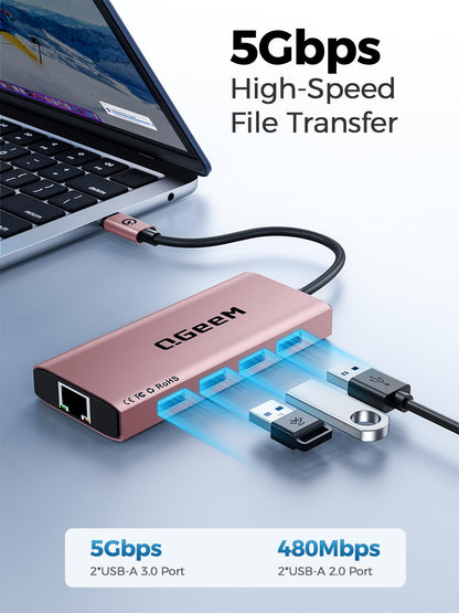 QGeeM USB C Hub Ethernet,9 in 1 USB Type C Hub HDMI Multi-Port Converter Adapter,100W Pd, USB 3.0,SD/TF Card Reader,Compatible for MacBook Pro Air Ipad HP Dell Lenovo Chromebook etc.