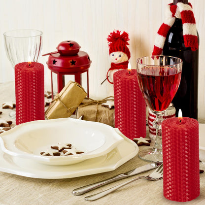 KONNI Beeswax Red Pillar Candles Set of 3, 2"x 4" Unscented Pillar Candles Bulk, 20 Hours Long Burning Candles, Smokeless&Dripless Large Round Candle for Wedding, Decoration, Parties, Spas, Dinner