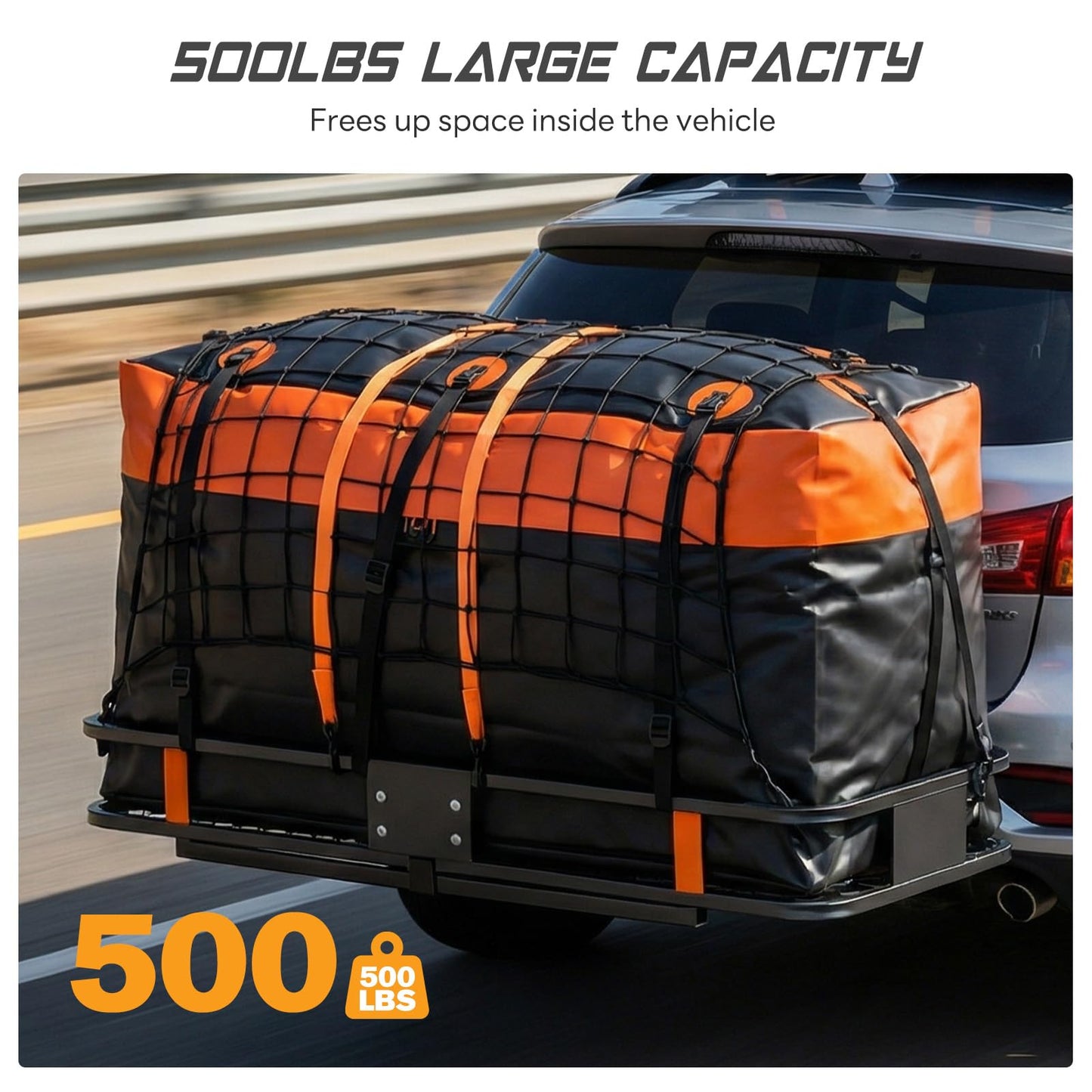 KMFurnila Folding Hitch Mount Cargo Carrier, 60.1" x 20" x 6" Steel Rack with 500 lbs Capacity, Includes Waterproof Bag, Cargo Net, Combination Lock, Straps and Hitch Stabilizer