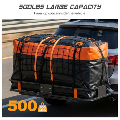 KMFurnila Folding Hitch Mount Cargo Carrier, 60.1" x 20" x 6" Steel Rack with 500 lbs Capacity, Includes Waterproof Bag, Combination Lock, Cargo Net, Straps and Hitch Stabilizer