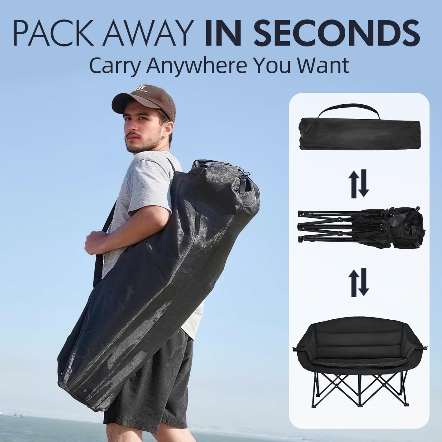 Double Camping Chair Padded Loveseat Chair for 2 Person - Heavy Duty Oversized Camping Couch for Adults Outdoor Sports Lawn Beach Portable Folding XL Chairs with Cup Holders and Carry Bag, All Black