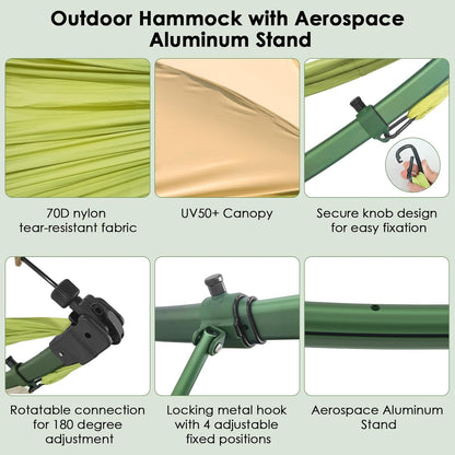 Portable Outdoor Hammock with Quick-Fold Stand,Adjustable Sunshade,Waterproof & UV-Resistant,Heavy-Duty 550lb Capacity,Travel 2-Person Hammock with Storage Bag for Camping,Backyard,Beach,Patio,Indoor