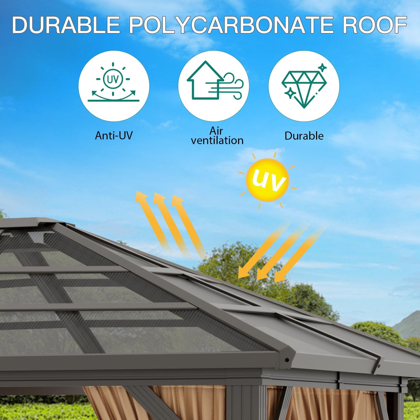 10'x12' Hardtop Gazebo, Outdoor Polycarbonate Single Roof Canopy, Aluminum Frame Permanent Pavilion with Curtains and Netting, Sunshade for Garden, Patio, Lawns