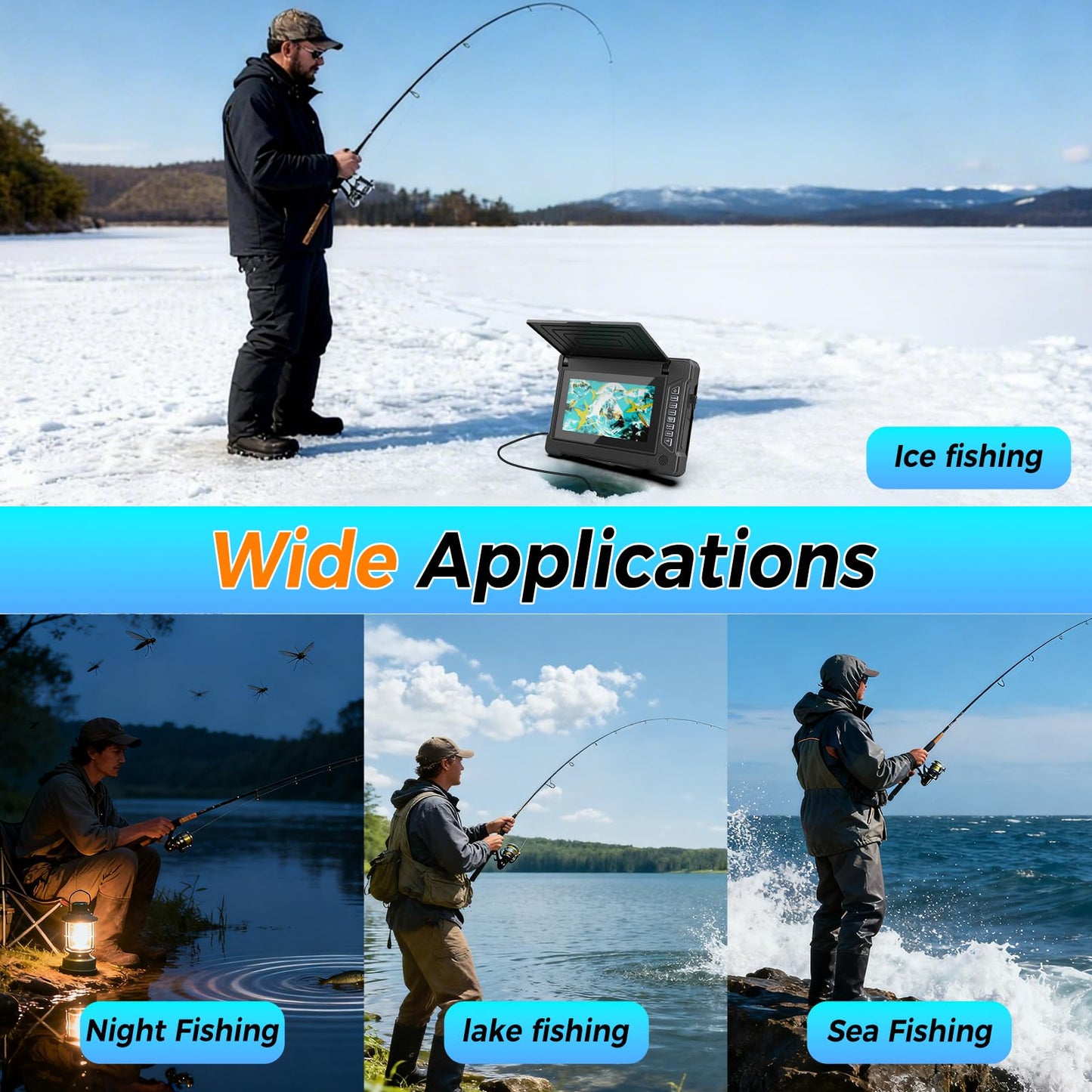 ESANHAO Underwater Fishing Camera 7" LCD Monitor Portable Fish Camera with Light 12pcs & 100ft/30m Cable Waterproof IP68 for Ice Fishing, Lake Sea Boat Kayak Fishing